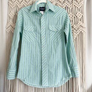 Wrangler Blue Green Striped Pearl Snap Western Shirt Men’s Small EUC